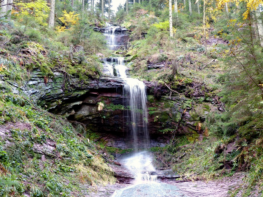A photograph of a waterfall cascading down rocks in a rich green forest setting